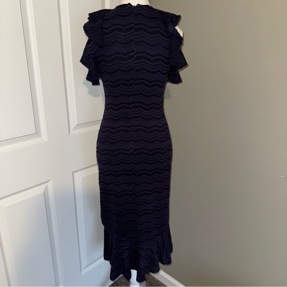 Slate & Willow Lined Midnight Blue Ruffle Sheath Midi Dress Romance Date Night - Picture 4 of 14